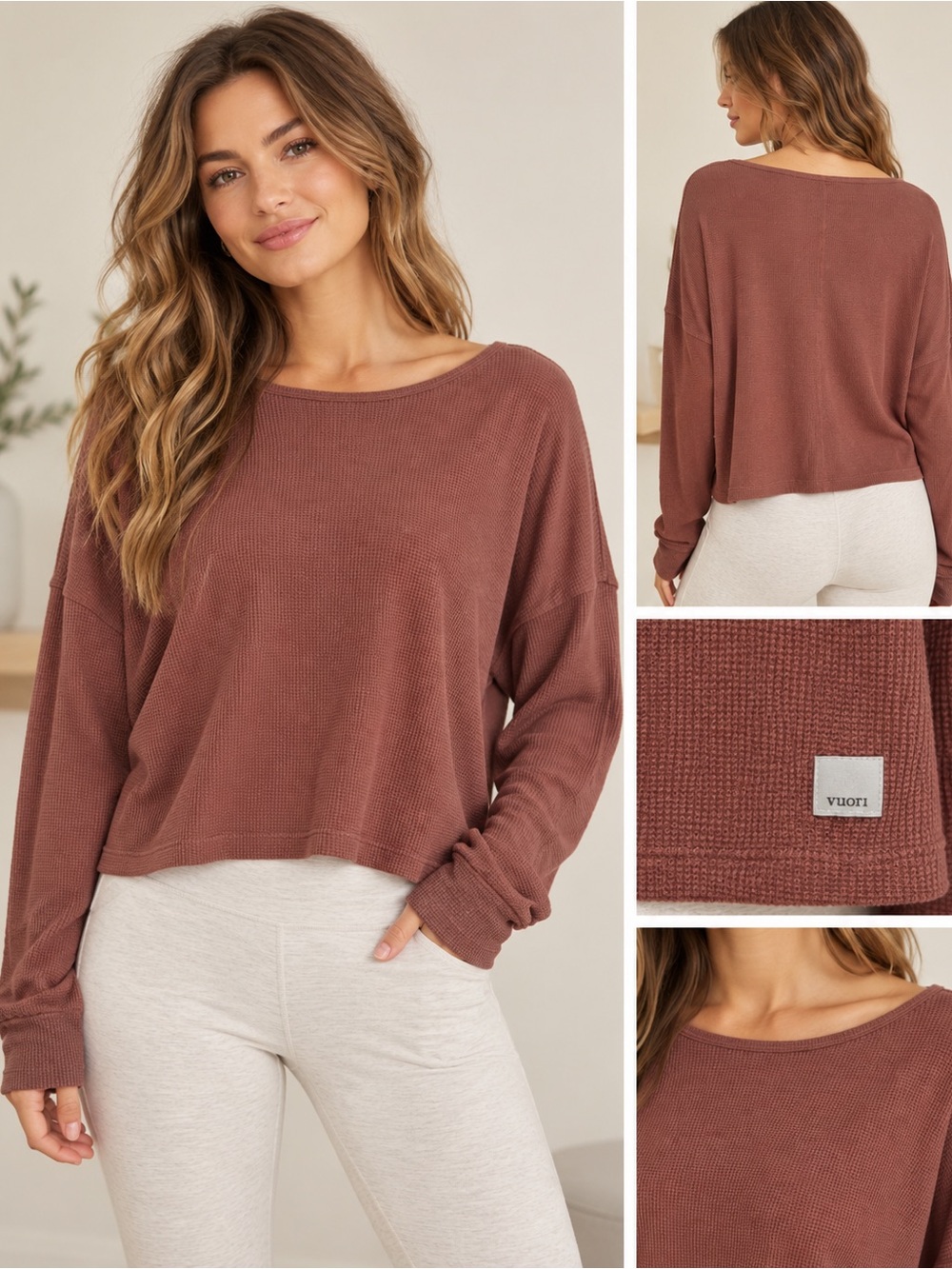 Vuori Slouchy Waffle Crew Dusty Rose Long Sleeve Top XS/S